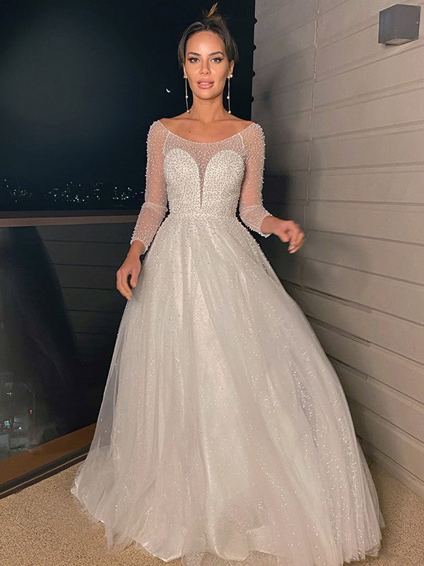 Wholesale A-Line/Princess Beading Scoop Tulle Long Sleeves Sweep/Brush Train Wedding Dresses